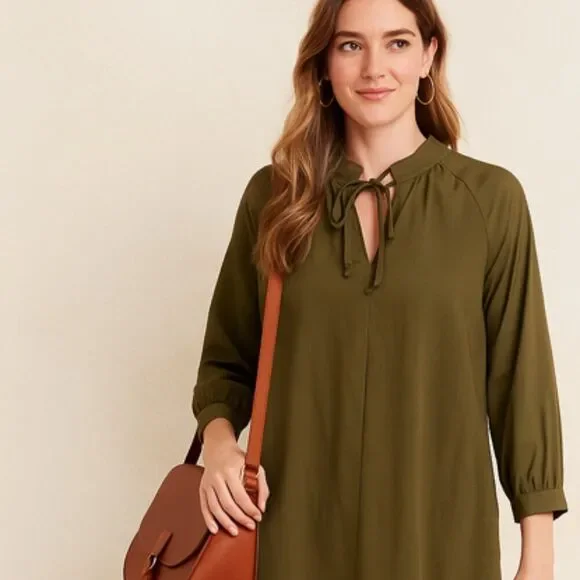 Chico's Poplin Dress with Pockets and Tie Neck Olive Army Green Size Medium - Picture 4 of 6